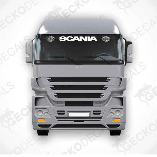 A front view of a Scania truck with a die cut decal on the windscreen.