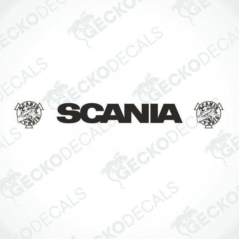 A front view of a Scania truck with a die cut decal on the windscreen.