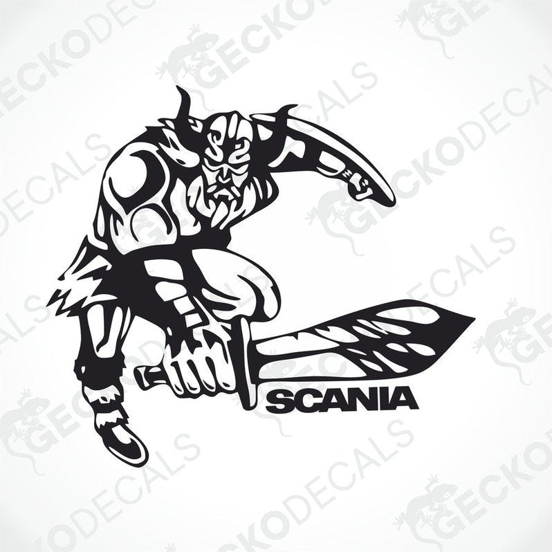 A black and white die cut decal of a Viking holding a shield with the brand name Scania on it.