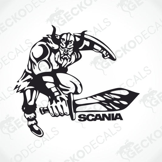 A black and white die cut decal of a Viking holding a shield with the brand name Scania on it.