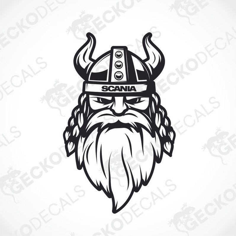 A black and white sticker decal of a Viking helmet with the Scania brand logo.