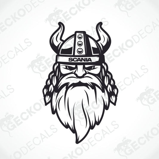 A black and white sticker decal of a Viking helmet with the Scania brand logo.