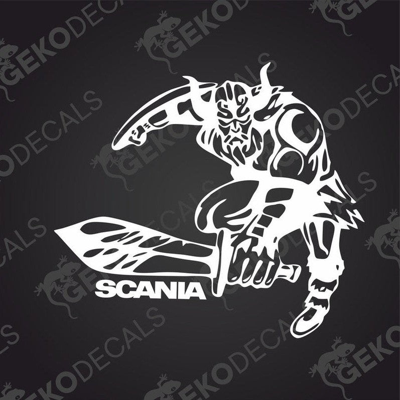 A black and white die cut decal of a Viking holding a shield with the brand name Scania on it.