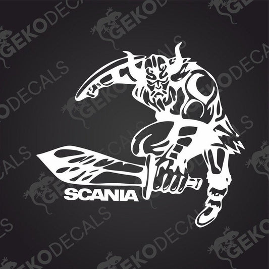 A black and white die cut decal of a Viking holding a shield with the brand name Scania on it.