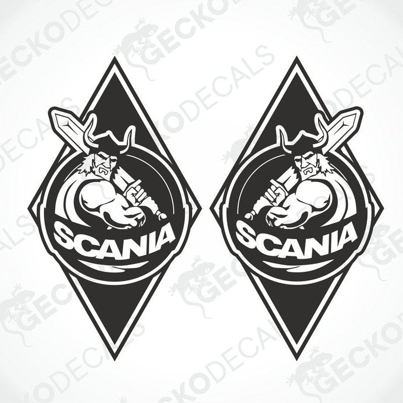 Two black and white stickers with a Scania Viking theme, displayed against a white background.