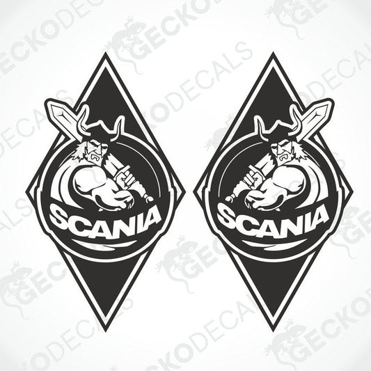 Two black and white stickers with a Scania Viking theme, displayed against a white background.