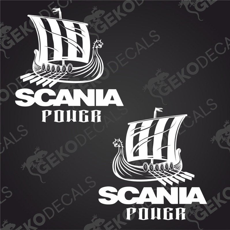 Two white decal stickers with the text 'SCANIA POWER' and a Viking ship illustration, one for the right and one for the left side.