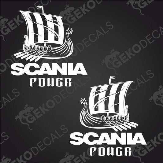 Two white decal stickers with the text 'SCANIA POWER' and a Viking ship illustration, one for the right and one for the left side.