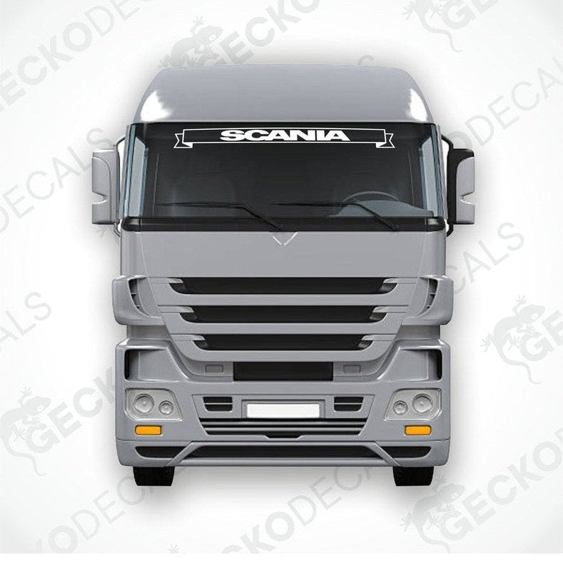 A front view of a Scania truck with a die cut decal on the windscreen.