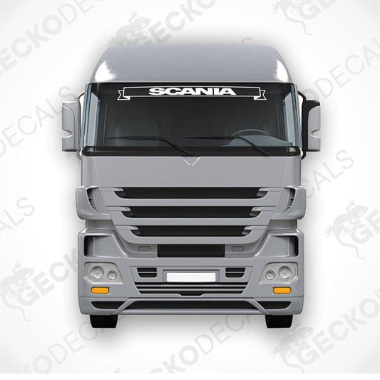 A front view of a Scania truck with a die cut decal on the windscreen.