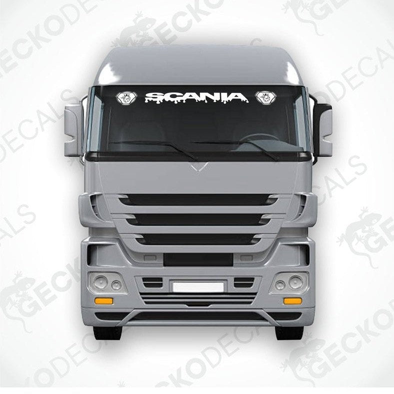 A front view of a Scania truck with a die cut decal on the windscreen.