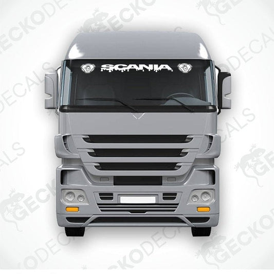A front view of a Scania truck with a die cut decal on the windscreen.