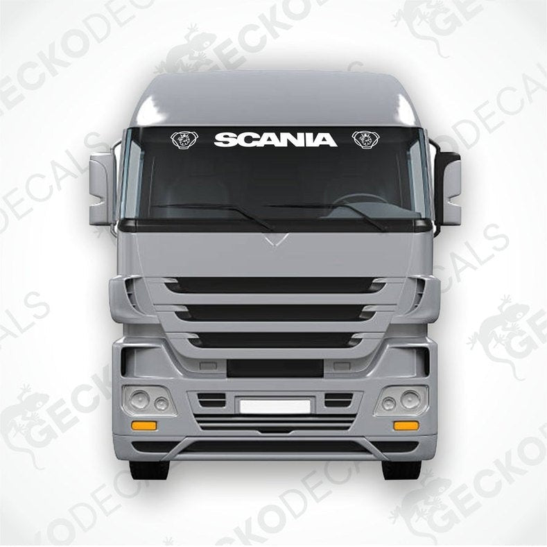 A front view of a Scania truck with a die cut decal on the windscreen.