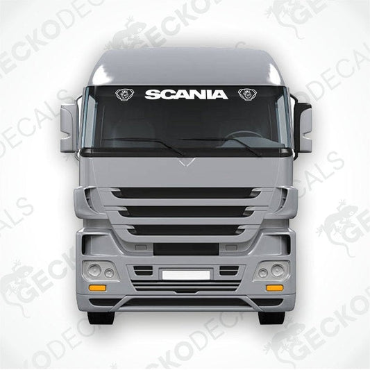 A front view of a Scania truck with a die cut decal on the windscreen.