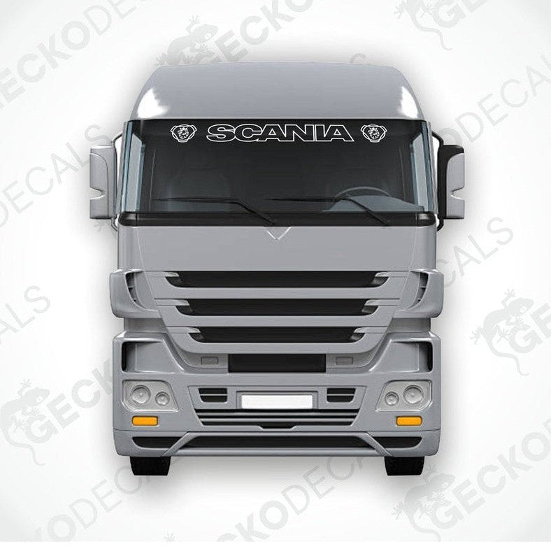 A front view of a Scania truck with a die cut decal on the windscreen.
