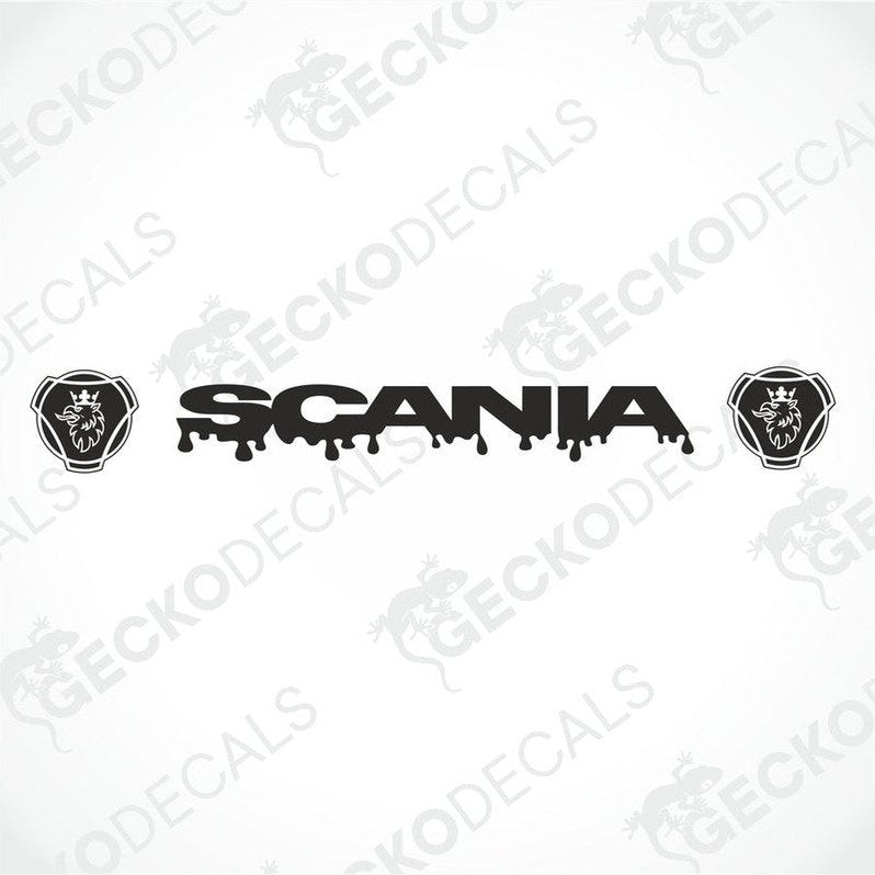 A die cut sticker with the text 'KING OF THE NIGHT' placed on the windscreen of a gray Scania truck.