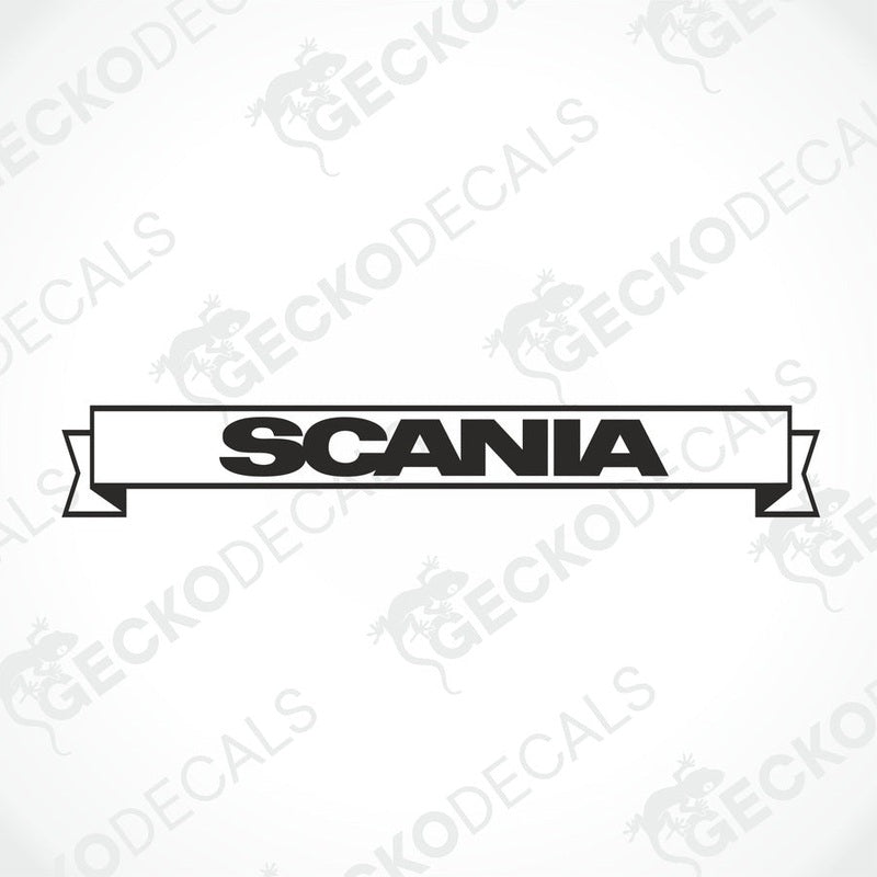 A front view of a Scania truck with a die cut decal on the windscreen.