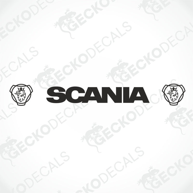 A front view of a Scania truck with the brand name 'SCANIA' displayed on the windscreen.