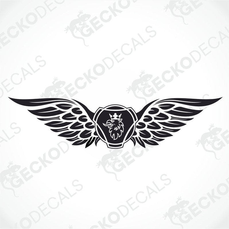 A black and white sticker design featuring wings with a truck logo in the center.