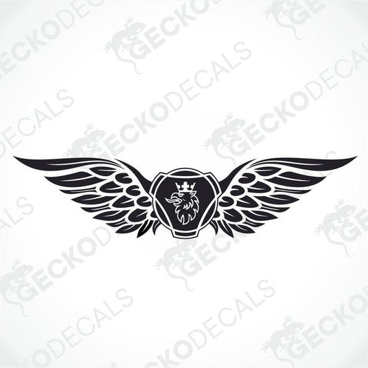 A black and white sticker design featuring wings with a truck logo in the center.