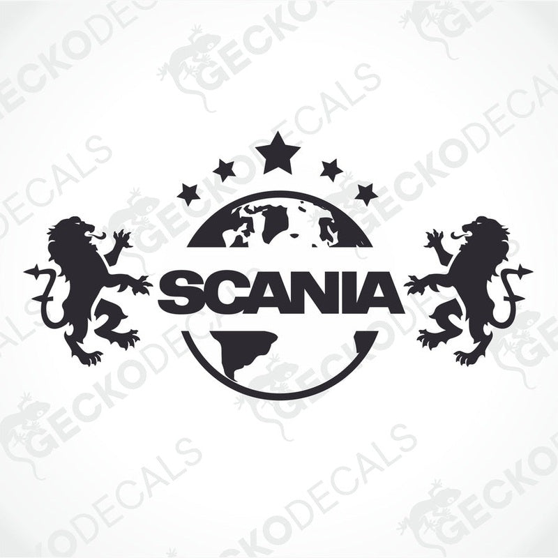 A black and white logo of SCANIA with a stylized globe and two lions passing through the letter 'S'.