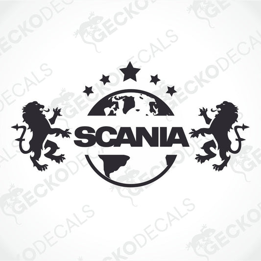 A black and white logo of SCANIA with a stylized globe and two lions passing through the letter 'S'.