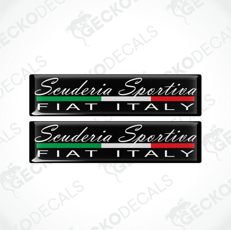 Two rectangular vinyl decals with a polyurethane coating, featuring the text 'Scuderia Sportiva Fiat Italy' in white on a black background with red and green accents.