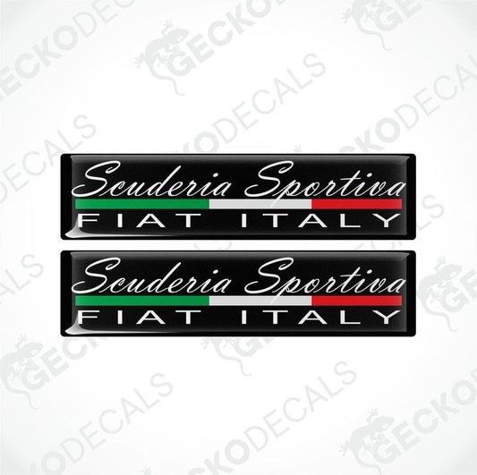Two rectangular vinyl decals with a polyurethane coating, featuring the text 'Scuderia Sportiva Fiat Italy' in white on a black background with red and green accents.