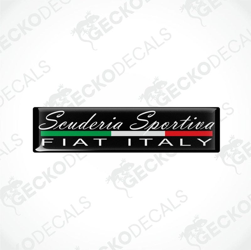 Rectangular vinyl decals with a polyurethane coating, featuring the text 'Scuderia Sportiva Fiat Italy' in white on a black background with red and green accents.