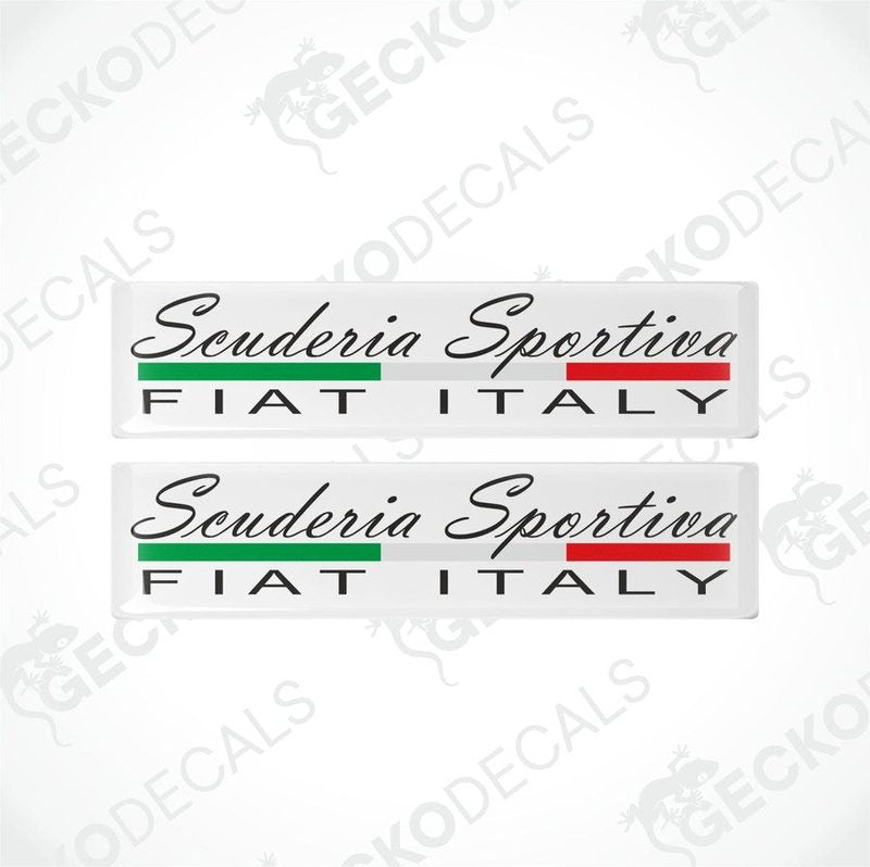 Two rectangular vinyl decals with a polyurethane coating, featuring the text 'Scuderia Sportiva Fiat Italy' in black on a withe  background with red and green accents.