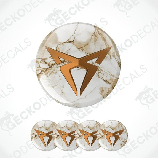 Set of five circular stickers with a marble pattern and gold geometric design on a white background.