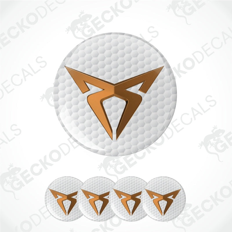 Set of white circular stickers with brown geometric logo on a white background.