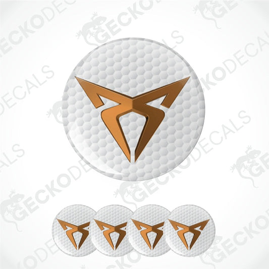 Set of white circular stickers with brown geometric logo on a white background.