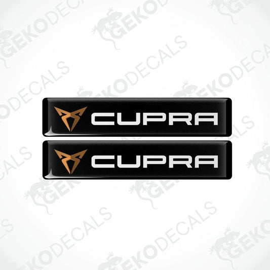 Two black vinyl decals with polyurethane coating featuring the SEAT CUPRA logo in white lettering.