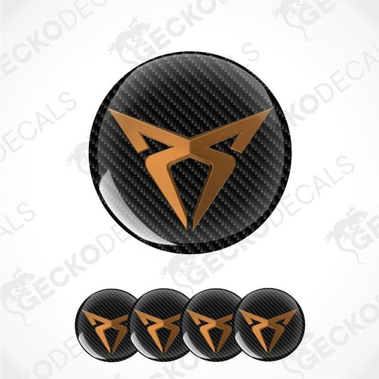 Carbon fiber patterned stickers with a brown logo on a white background.