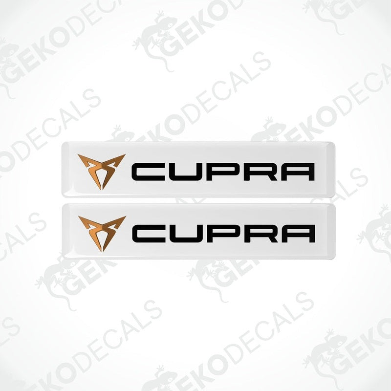 Two withe vinyl decals with polyurethane coating featuring the SEAT CUPRA logo in black lettering.