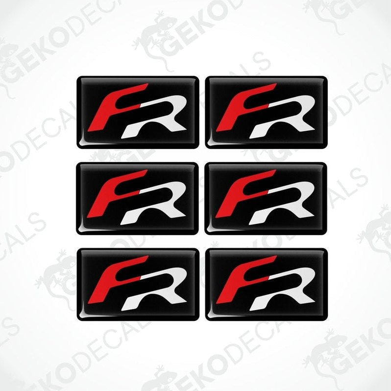 A set of six black, red, and white vinyl decals with the 'FR' logo.