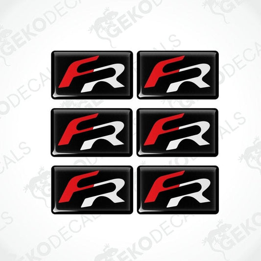 A set of six black, red, and white vinyl decals with the 'FR' logo.