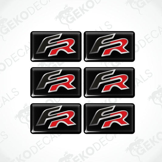A set of six black vinyl stickers with a red 'R' logo, arranged in a row.