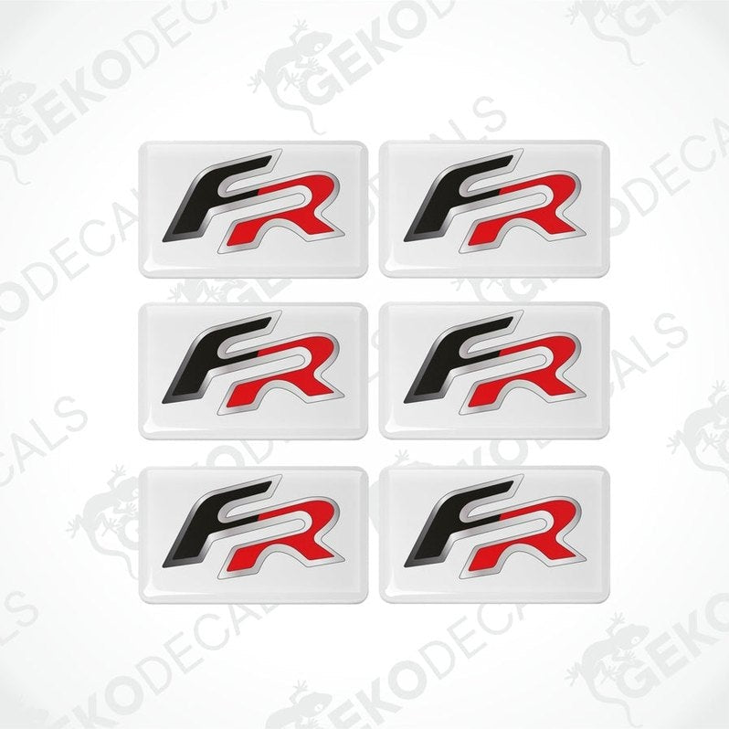 A set of six withe vinyl stickers with a red 'R' logo, arranged in a row.