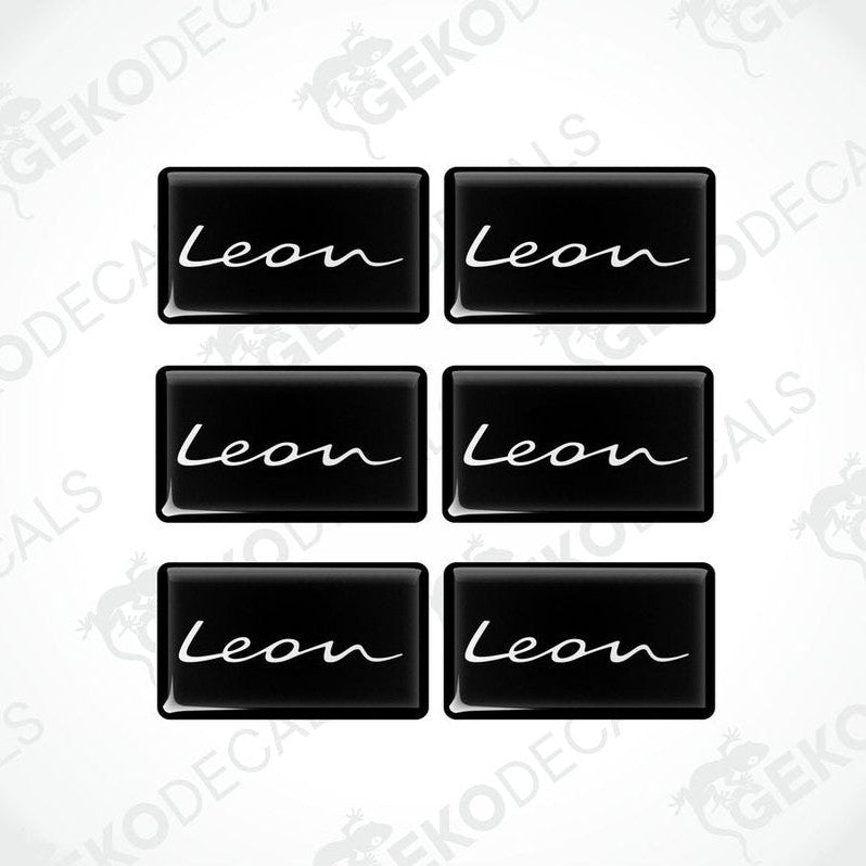 A set of six black vinyl decals with the text 'Leon' on them, arranged in two rows with three decals in each row.