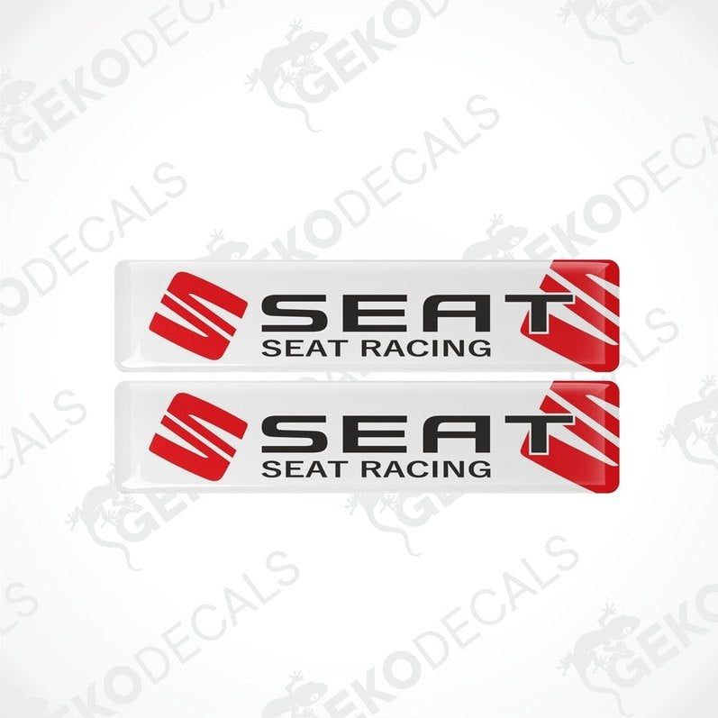 Two withe vinyl decals with polyurethane coating featuring the SEAT RACING logo in red and black lettering.