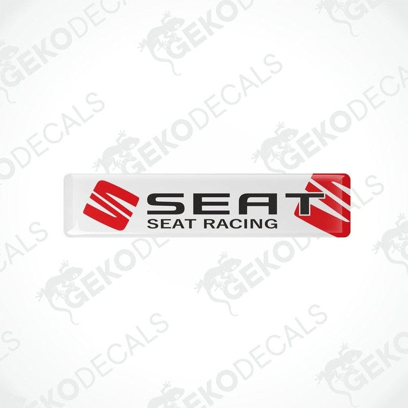 Withe vinyl decals with polyurethane coating featuring the SEAT RACING logo in red and black lettering.
