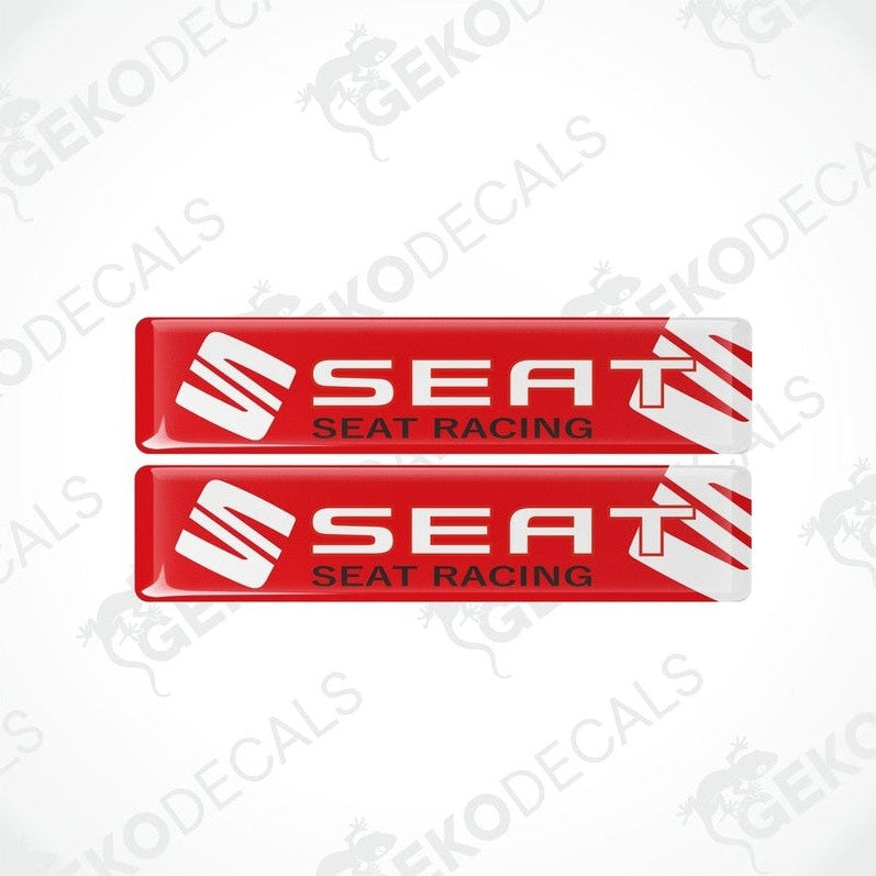 Two red vinyl decals with polyurethane coating featuring the SEAT RACING logo in withe and black lettering.