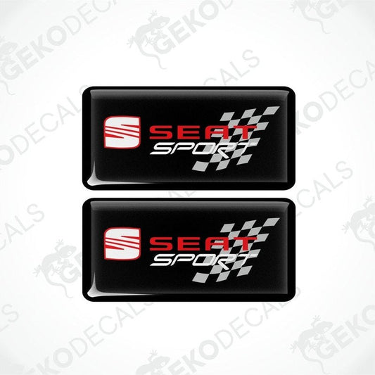 Two rectangular black vinyl decals with the 'SEAT SPORT' logo in white and red, and a checkered design.