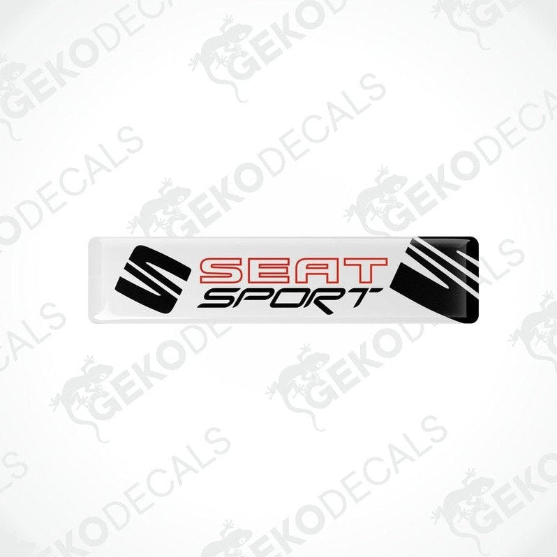 Withe, black, and red vinyl stickers with the text 'SEAT SPORT' printed on them.