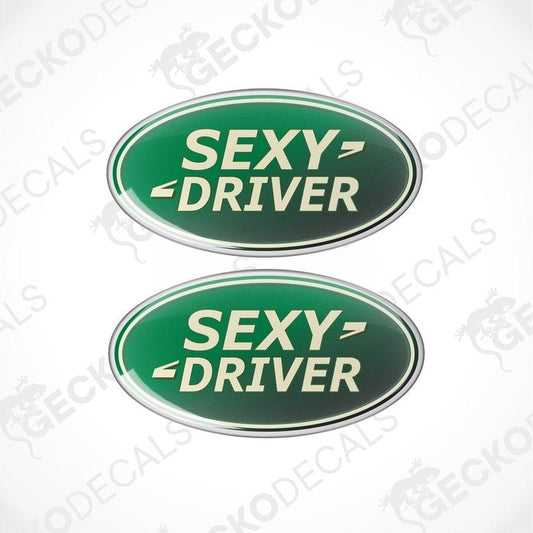 Two green oval-shaped vinyl decals with the text 'SEXY DRIVER' in white letters.