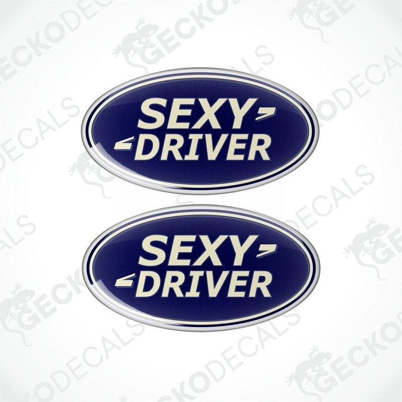 Two blue oval-shaped vinyl decals with the text 'SEXY DRIVER' in white letters.