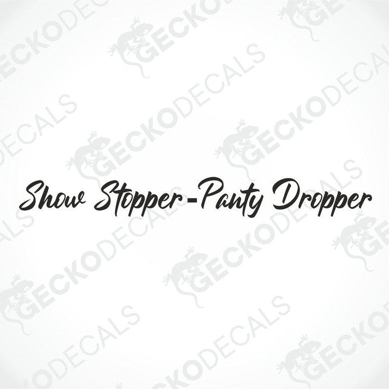 A decal with the text 'Show Stopper Panty Dropper' displayed on the front of a gray truck.