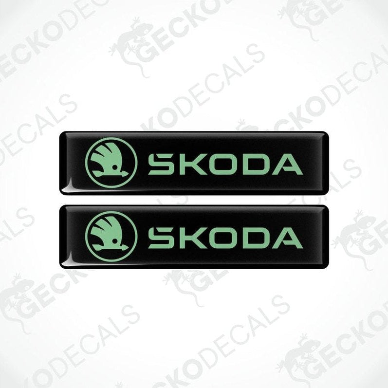 Two Skoda logo decal stickers on a white background with 'Gecko Decals' branding.